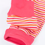 Frugi GOTS 100% organic cotton kids romper in pink and white stripes showing a close up of the fold up cuffs for extender wear
