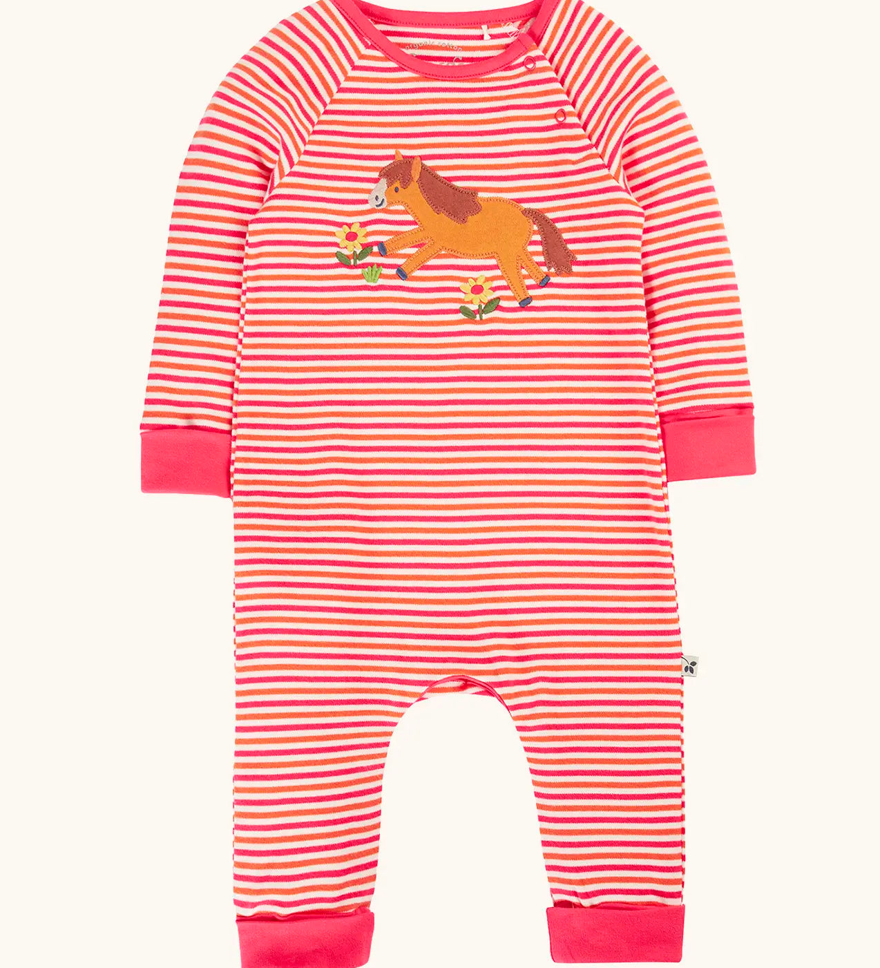 Frugi GOTS 100% organic cotton kids romper in pink and white stripes with a horse applique on the front. Features shoulder poppers and pink fold up cuffs for easy dressing