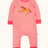 Frugi GOTS 100% organic cotton kids romper in pink and white stripes with a horse applique on the front. Features shoulder poppers and pink fold up cuffs for easy dressing