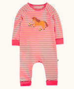 Frugi GOTS 100% organic cotton kids romper in pink and white stripes with a horse applique on the front. Features shoulder poppers and pink fold up cuffs for easy dressing