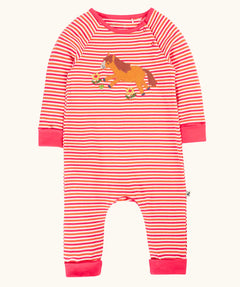 Frugi GOTS 100% organic cotton kids romper in pink and white stripes with a horse applique on the front. Features shoulder poppers and pink fold up cuffs for easy dressing