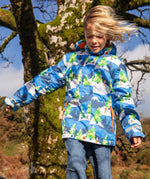 Child wearing the Frugi recycled polyester snow and ski coat in starry slopes 