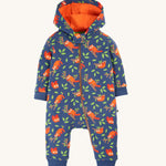 Frugi Snuggle Suit - Red Panda Pals. A lovely navy blue, organic cotton, zip up hooded snuggle suit. With cute red panda and leaf repeat pattern print