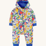 Frugi Snuggle Suit - Retro Happy. A soft and warm, hooded snuggle suit, made from organic cotton. With an all-over print, featuring smiley faces, daisies, butterflies, and bees