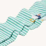 A closer look at the Frugi Norah Tights - Moss/Puffin stripes, and puffin knees