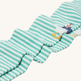 A closer look at the Frugi Norah Tights - Moss/Puffin stripes, and puffin knees