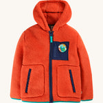 Frugi Toby Ted Fleece Jacket - Bonfire. A bold, orange hooded, fleece jacket with navy blue detail and a Get Outside patch on the chest pocket