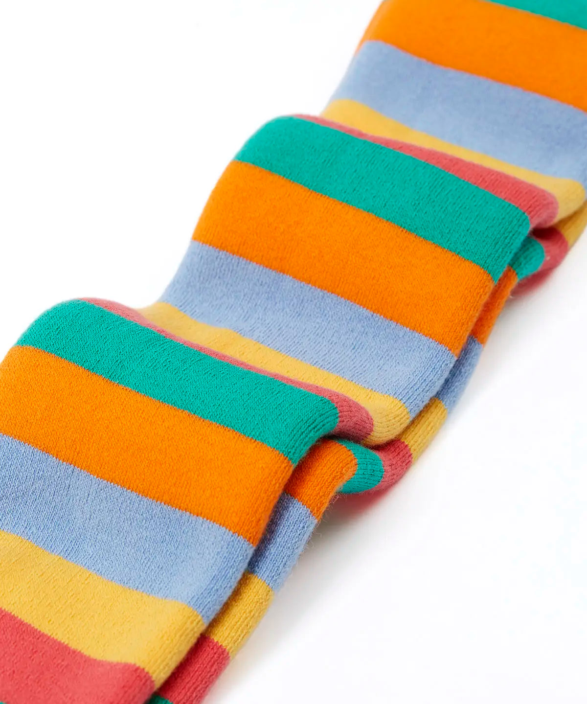 Pair of Frugi GOTS 100% organic cotton kids toasty thick tights showing a pastel rainbow striped design