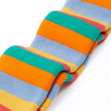 Pair of Frugi GOTS 100% organic cotton kids toasty thick tights showing a pastel rainbow striped design