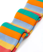 Pair of Frugi GOTS 100% organic cotton kids toasty thick tights showing a pastel rainbow striped design