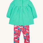 The back of the Frugi Tilly Outfit - Pacific Aqua/Wild Horses, showing the popper fasteners on the back of the top