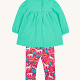 The back of the Frugi Tilly Outfit - Pacific Aqua/Wild Horses, showing the popper fasteners on the back of the top