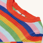 A closer look at the detailed stitching on the neck line of the Frugi Zoe Knitted Jumper - Retro Stripe. Also shown is the colourful, bold colour-block print