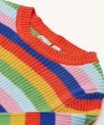 A closer look at the detailed stitching on the neck line of the Frugi Zoe Knitted Jumper - Retro Stripe. Also shown is the colourful, bold colour-block print