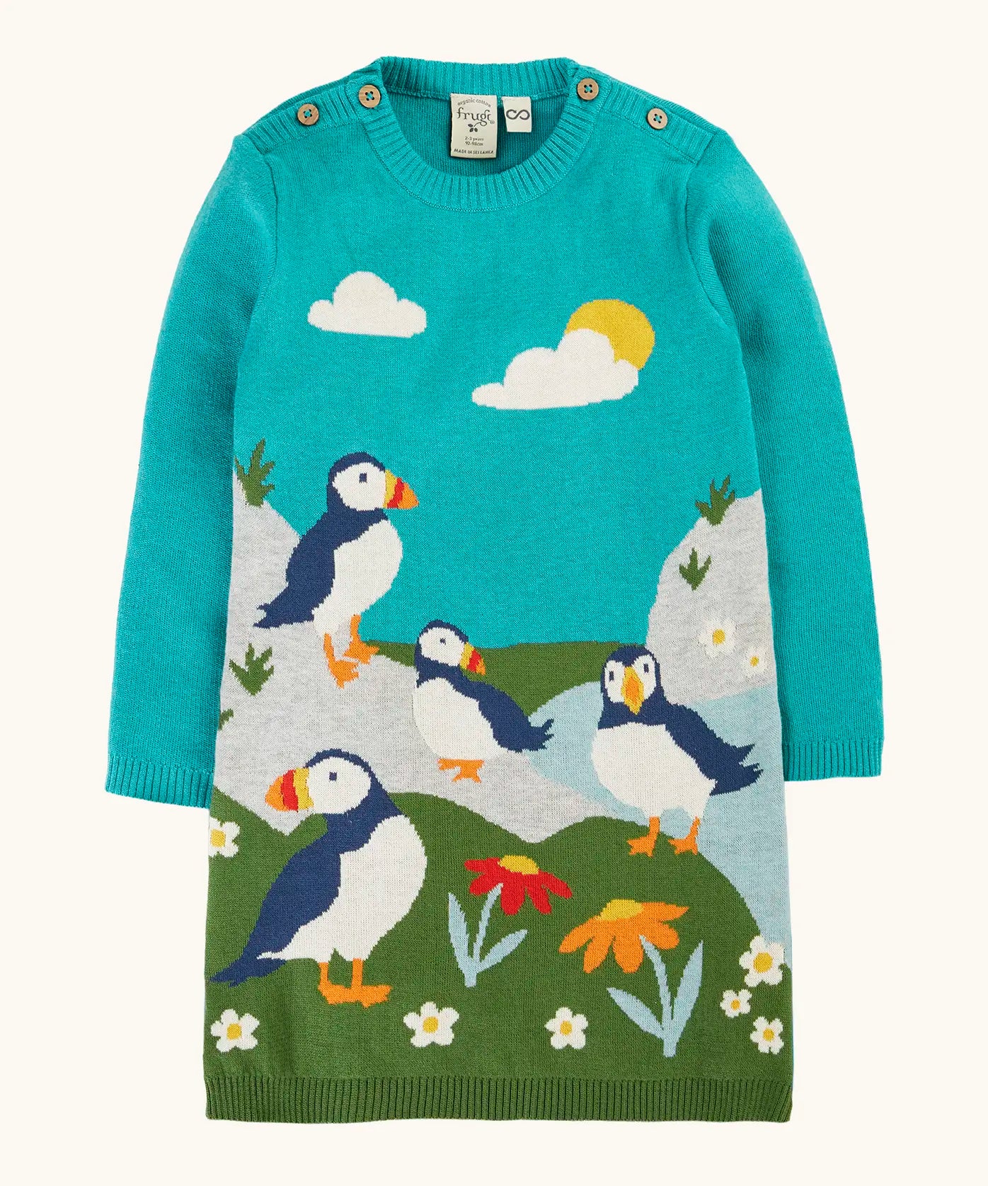 Frugi GOTS organic cotton kids dress in light blue with puffins standing on grass with flowers . Features button fasteners on the shoulders