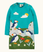 Frugi GOTS organic cotton kids dress in light blue with puffins standing on grass with flowers . Features button fasteners on the shoulders