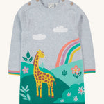 Frugi Kiera Knitted Dress - Grey Marl/Giraffe. A beautiful grey dress with a giraffe and nature scene on the front