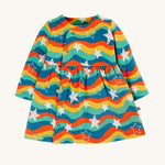 Frugi Kiki Kimono Dress - Wavy Stars. A lovely wrap dress made with organic cotton, in a wavy rainbow fabric and white star repeat prints