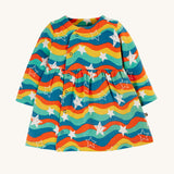 Frugi Kiki Kimono Dress - Wavy Stars. A lovely wrap dress made with organic cotton, in a wavy rainbow fabric and white star repeat prints