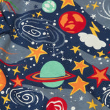 Frugi navy kimono style babygrow showing a close up of the repeating playful outer space print navy organic cotton fabric