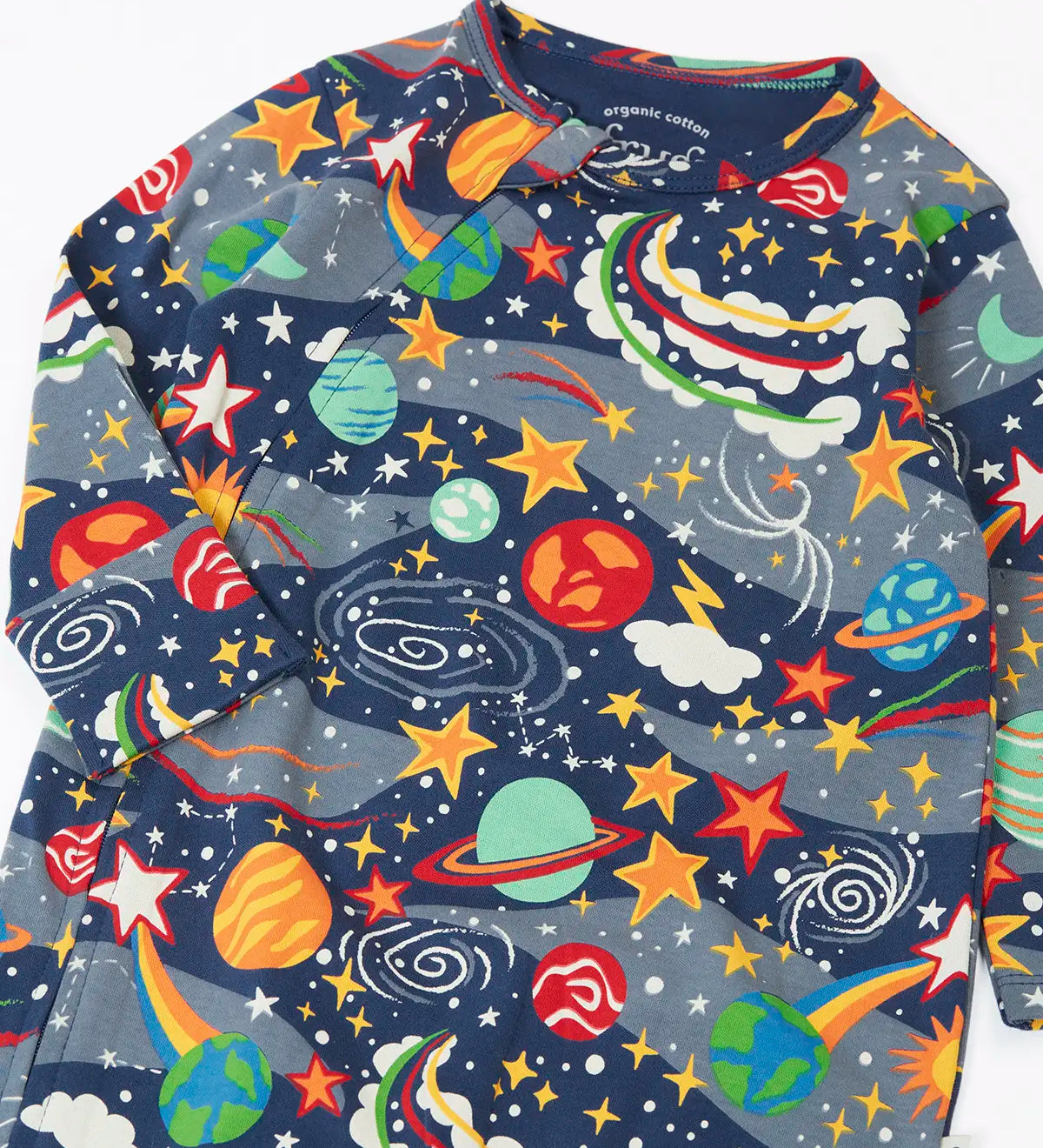Frugi navy kimono style babygrow with a repeating playful outer space print showing the full front zip detail on navy organic cotton fabric