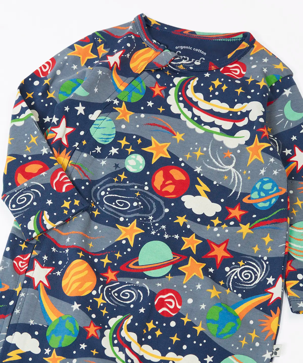 Frugi navy kimono style babygrow with a repeating playful outer space print showing the full front zip detail on navy organic cotton fabric