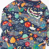 Frugi navy kimono style babygrow with a repeating playful outer space print showing the full front zip detail on navy organic cotton fabric