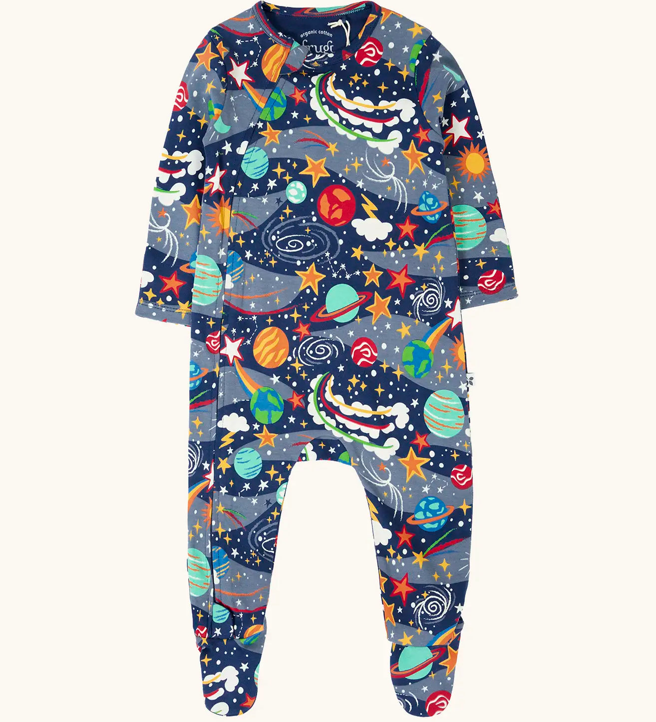 Frugi GOTS 100% organic cotton navy kimono style babygrow with a repeating playful outer space print with a full front zip for easy dressing