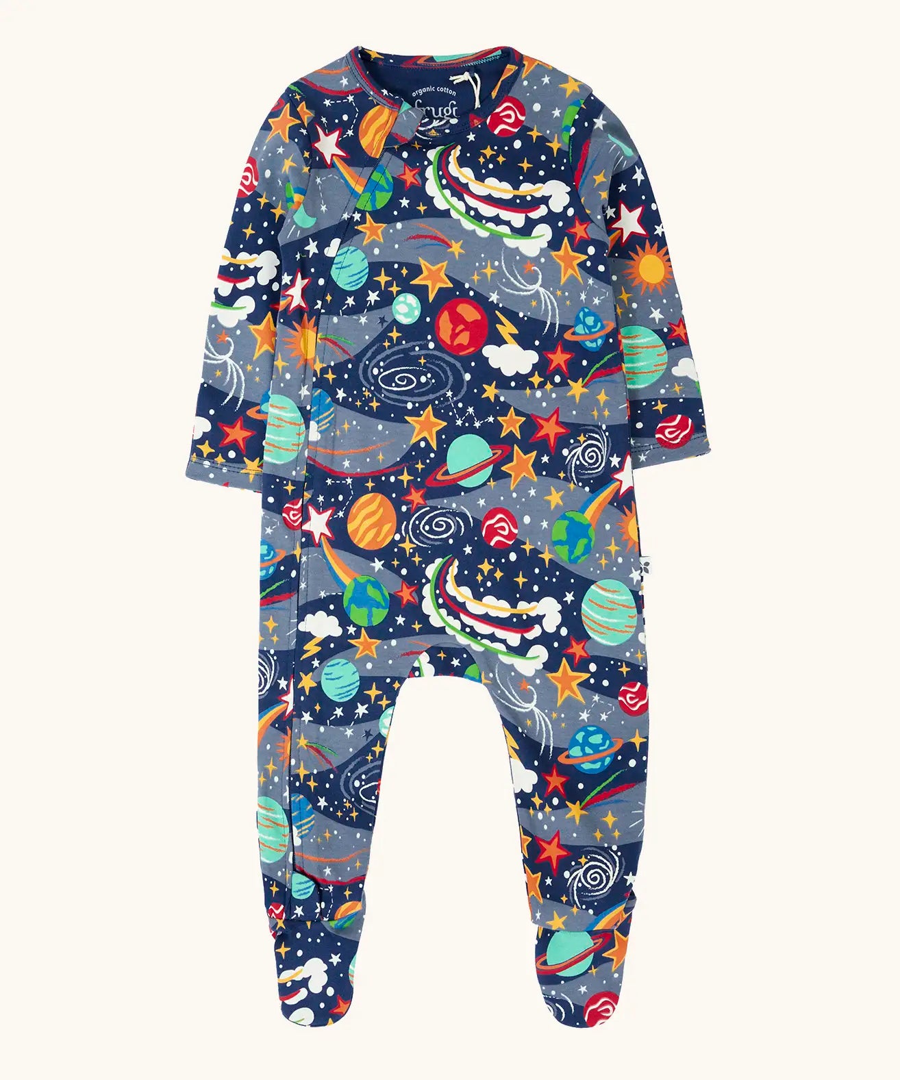 Frugi GOTS 100% organic cotton navy kimono style babygrow with a repeating playful outer space print with a full front zip for easy dressing