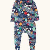 Frugi GOTS 100% organic cotton navy kimono style babygrow with a repeating playful outer space print with a full front zip for easy dressing