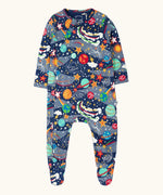 Frugi GOTS 100% organic cotton navy kimono style babygrow with a repeating playful outer space print with a full front zip for easy dressing