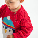 A closer look at the shoulder buttons and cable knit sleeves on the Caleb Character Knit Jumper - True Red/Penguin
