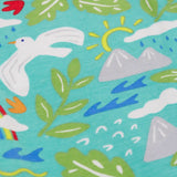 Frugi happy hikes Laurie shorts in aqua laid flat showing repeating seagull and mountain design 