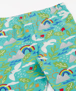Frugi happy hikes Laurie shorts in aqua laid flat showing repeating seagull and mountain design and elasticated waist band