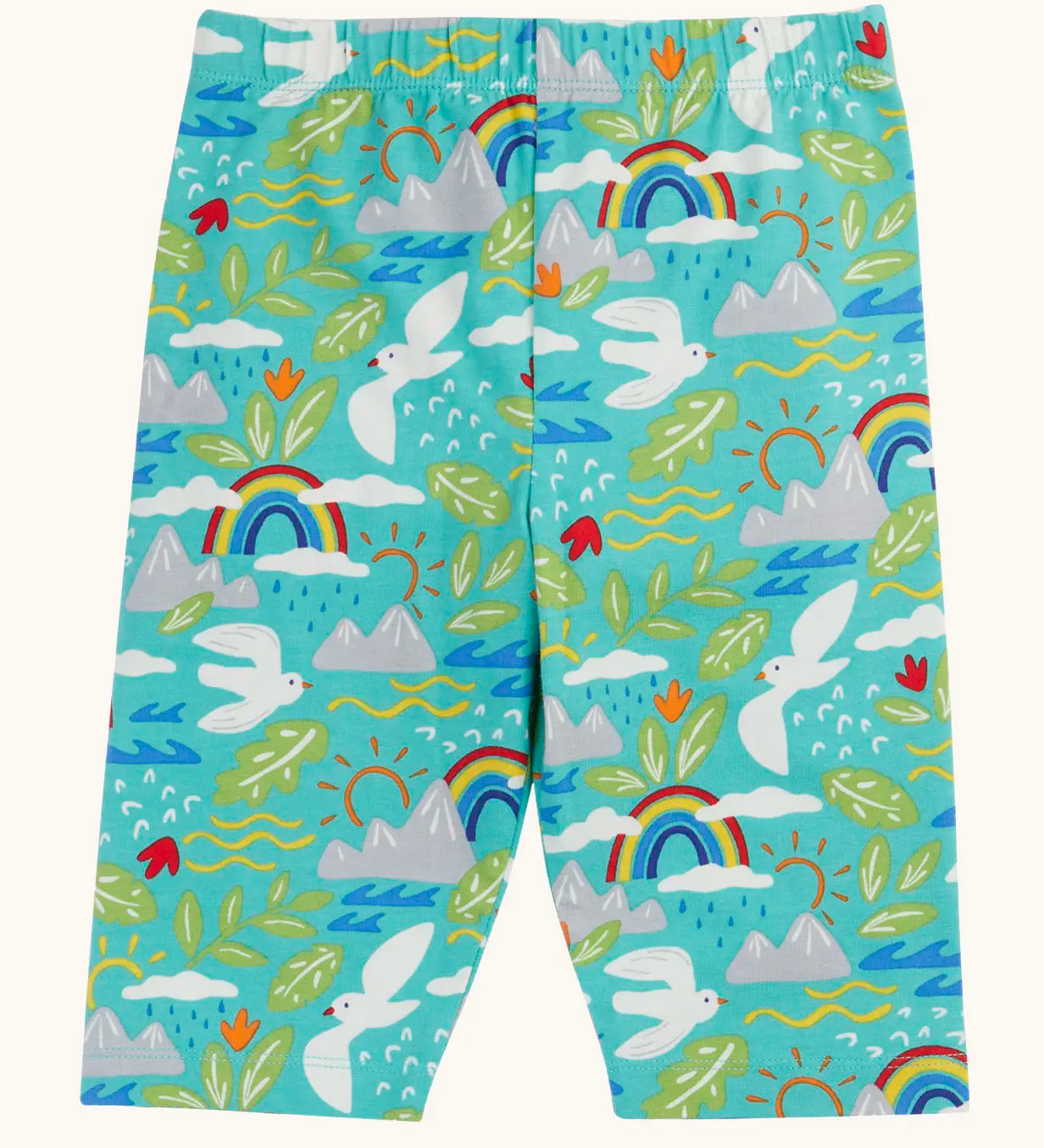 Frugi GOTS organic cotton happy hikes Laurie shorts in aqua with a repeating playful seagull and mountain design