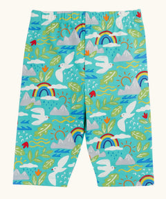 Frugi GOTS organic cotton happy hikes Laurie shorts in aqua with a repeating playful seagull and mountain design