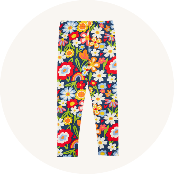 Frugi Organic Cotton Libby Leggings in navy with Beautiful Bunch floral print to represent Frugi leggings at Babipur.