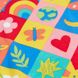 Frugi favourite things Libby leggings laid flat showing a close up of the repeating colourful design