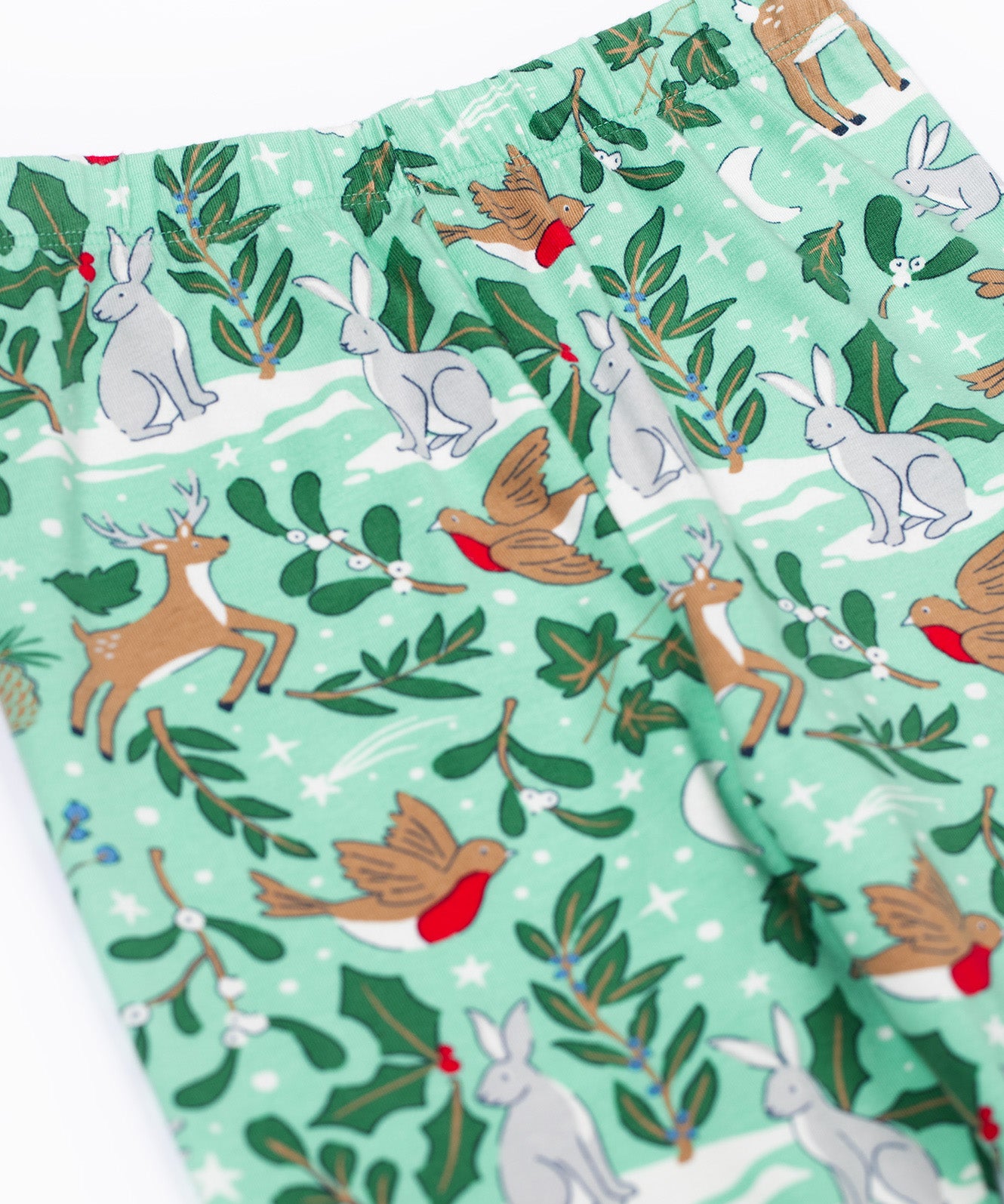 A close up of the Frugi libby leggings in festive forest available at Babipur showing the elasticated waist detail