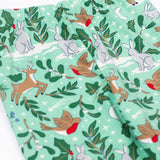 A close up of the Frugi libby leggings in festive forest available at Babipur showing the elasticated waist detail