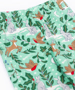 A close up of the Frugi libby leggings in festive forest available at Babipur showing the elasticated waist detail