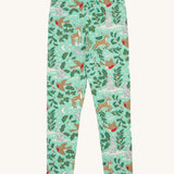 Frugi libby leggings in festive forest available at Babipur. A GOTS organic cotton legging in mint green colour with a winter woodland inspired design.