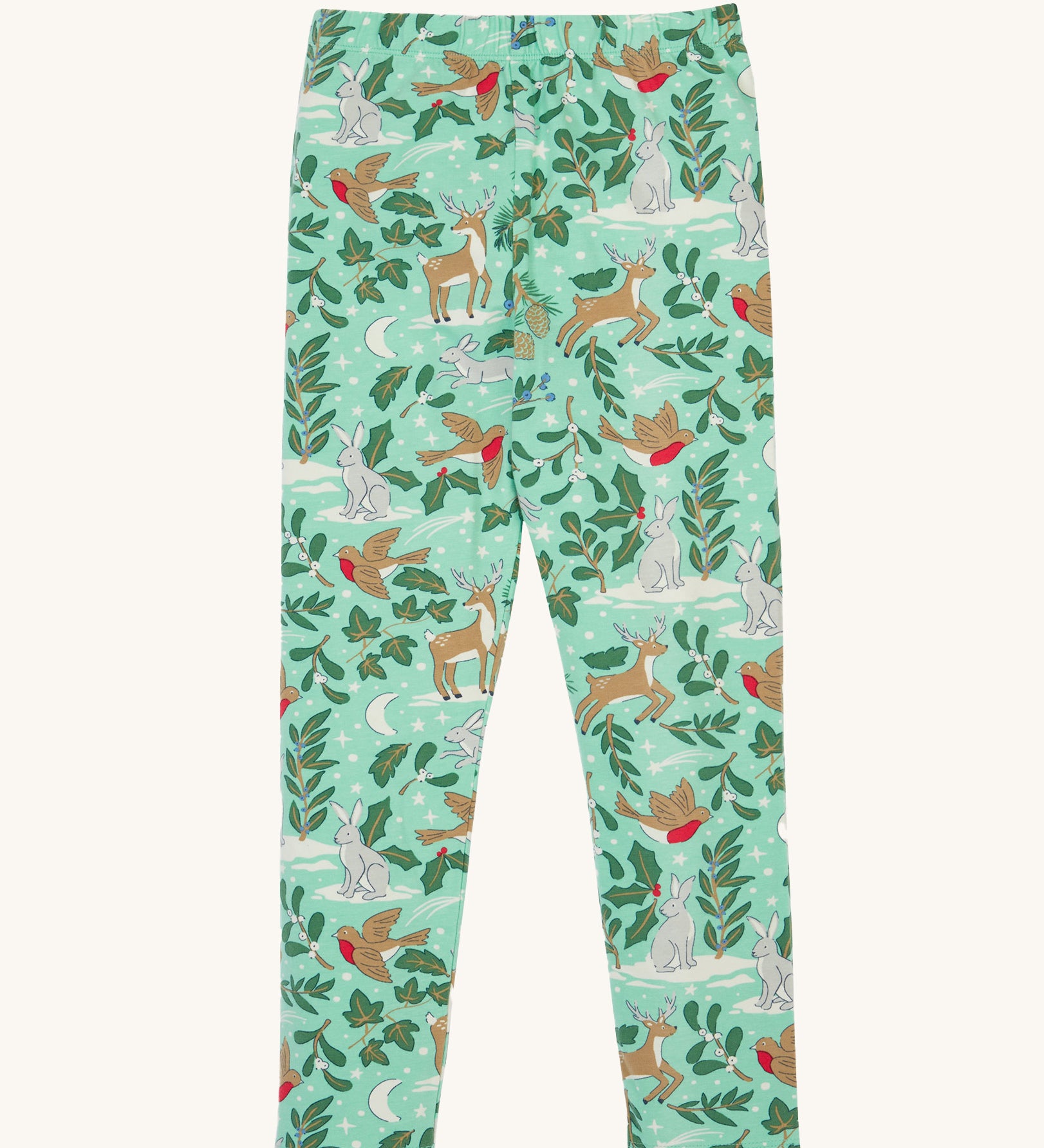 Frugi libby leggings in festive forest available at Babipur. A GOTS organic cotton legging in mint green colour with a winter woodland inspired design.