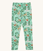 Frugi libby leggings in festive forest available at Babipur. A GOTS organic cotton legging in mint green colour with a winter woodland inspired design.