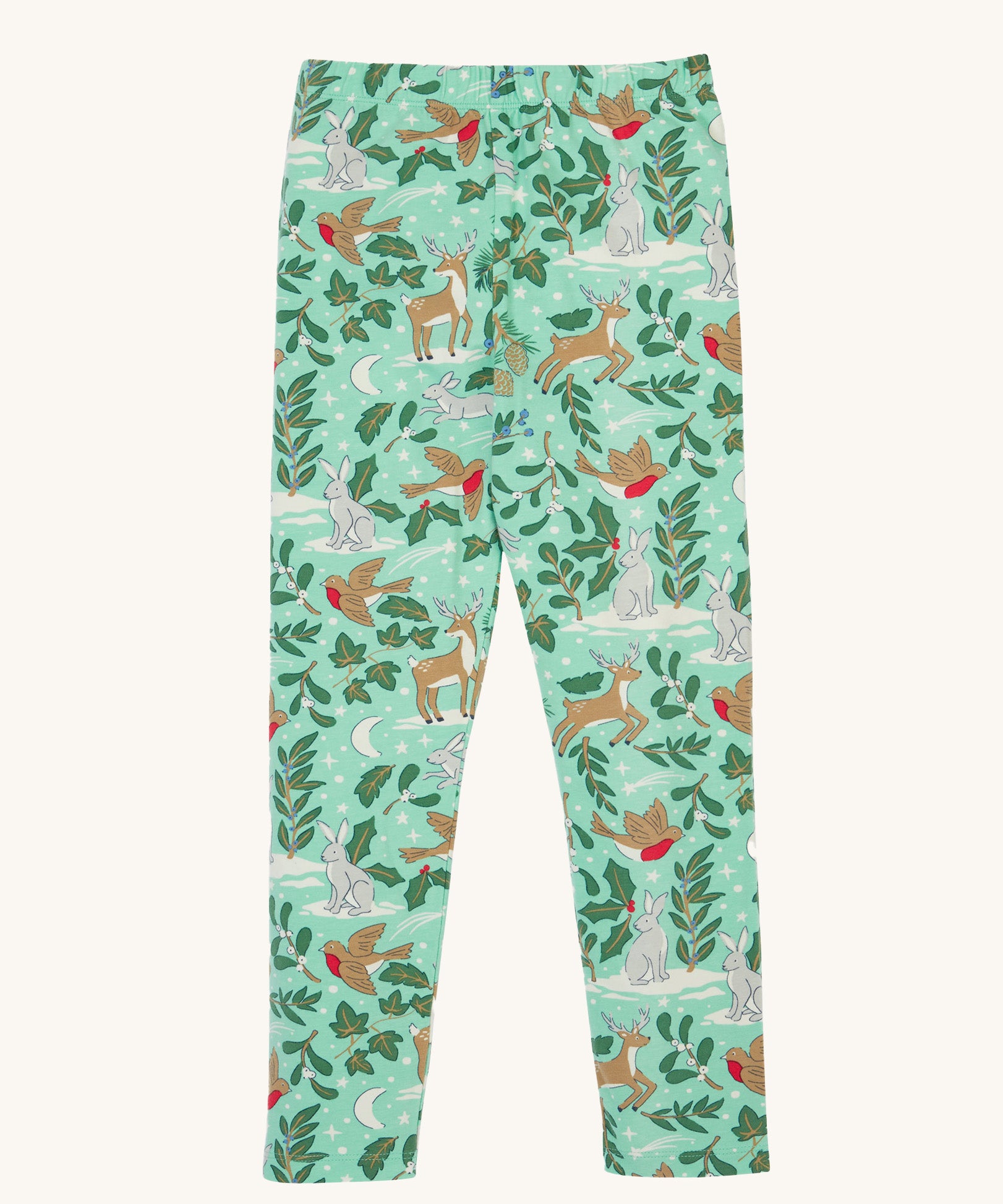 Frugi libby leggings in festive forest available at Babipur. A GOTS organic cotton legging in mint green colour with a winter woodland inspired design.