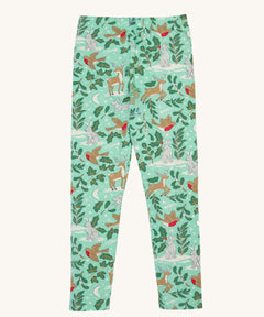 Frugi libby leggings in festive forest available at Babipur. A GOTS organic cotton legging in mint green colour with a winter woodland inspired design.
