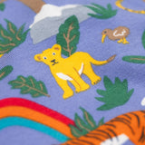 A close up of the lion design on the Frugi libby leggings in grape into the wild available at Babipur. 