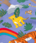 A close up of the lion design on the Frugi libby leggings in grape into the wild available at Babipur. 