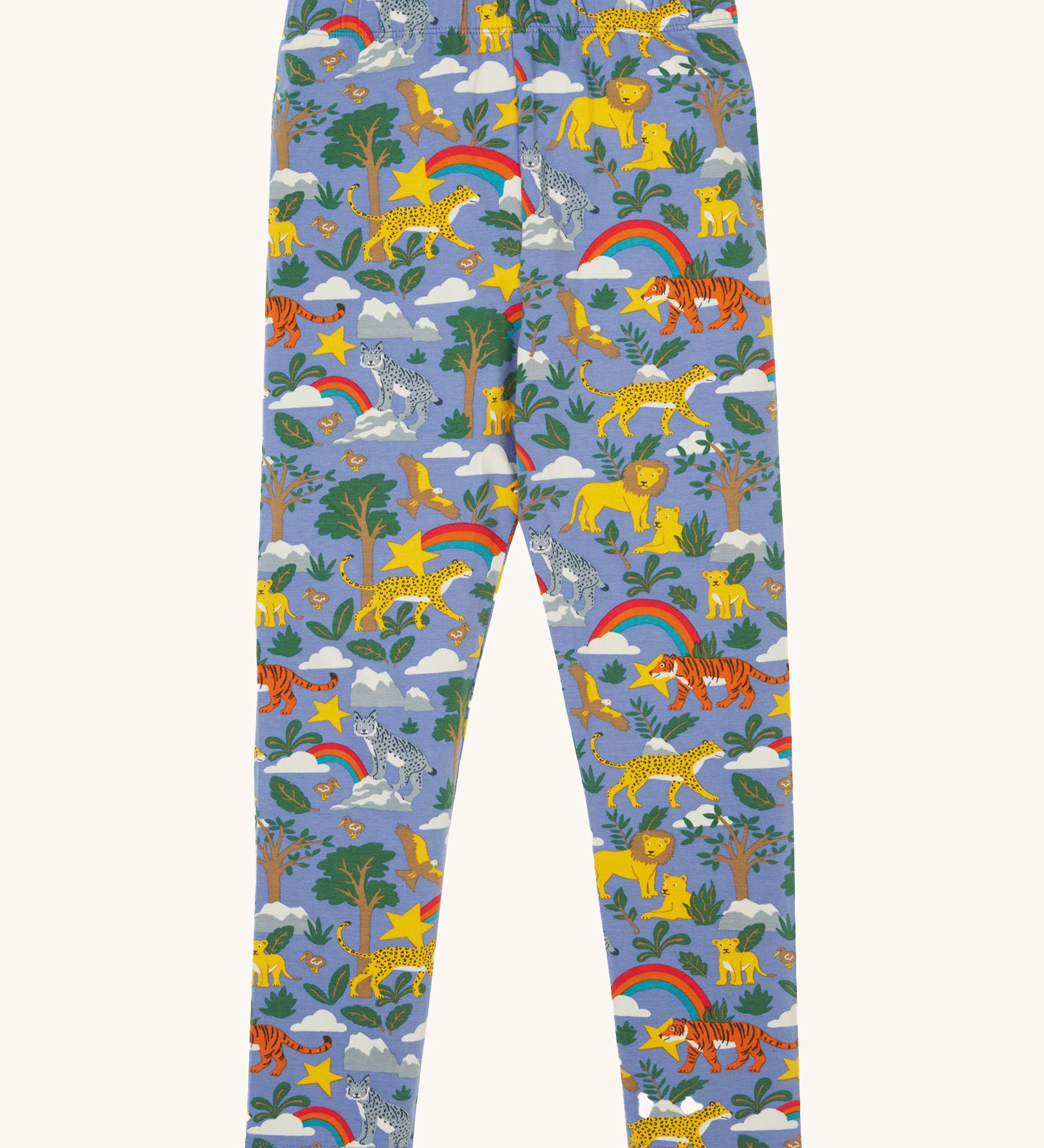 Frugi libby leggings in grape into the wild available at Babipur. A GOTS organic cotton legging in pastel purple colour with a safari inspired design.