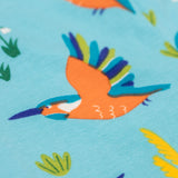 A close up of the flying kingfisher design on the Frugi libby leggings in kingfisher skies available at Babipur. 
